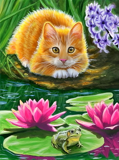 Chat Orange au Bord de l’Etang aux Lotus Broderie Diamant