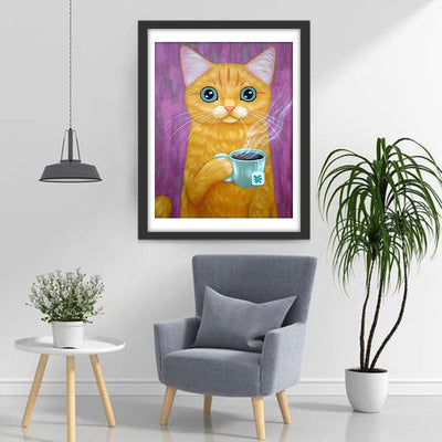 Chat Orange aux Grands Yeux avec une Tasse du Thé Broderie Diamant