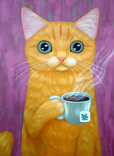 Chat Orange aux Grands Yeux avec une Tasse du Thé Broderie Diamant