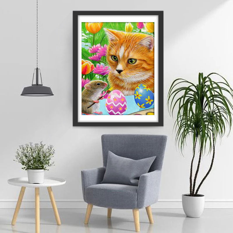 Chat Orange et des Œufs de Pâques Broderie Diamant