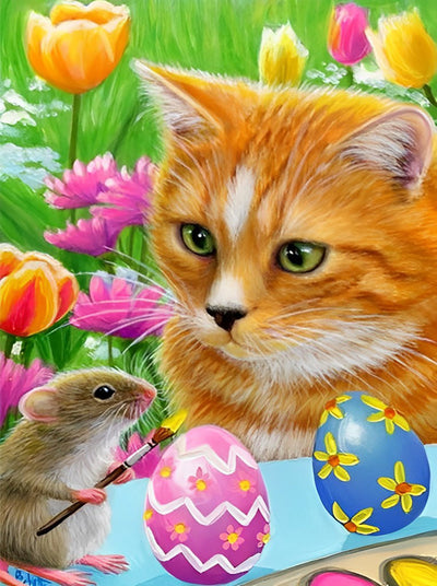 Chat Orange et des Œufs de Pâques Broderie Diamant