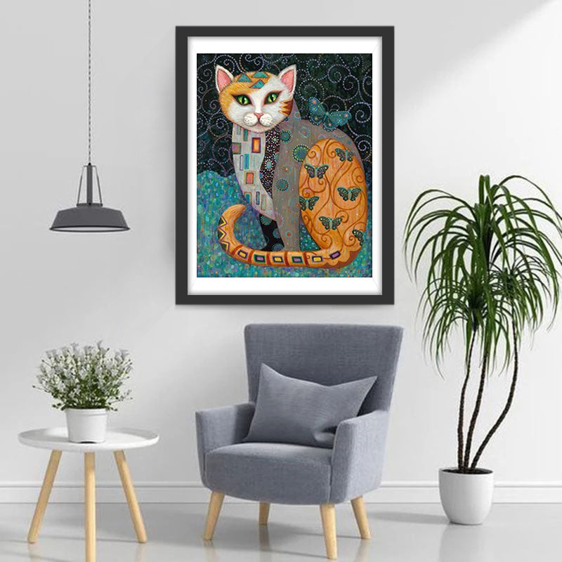 Chat Orange et Papillon Abstrait Broderie Diamant