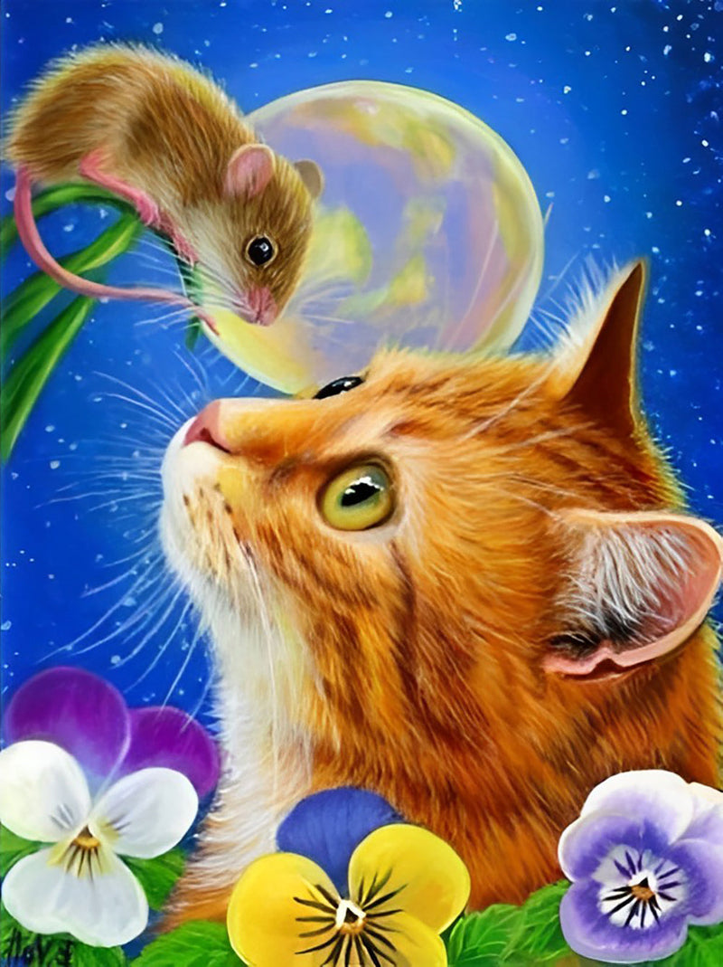 Chat Orange et Souris Broderie Diamant