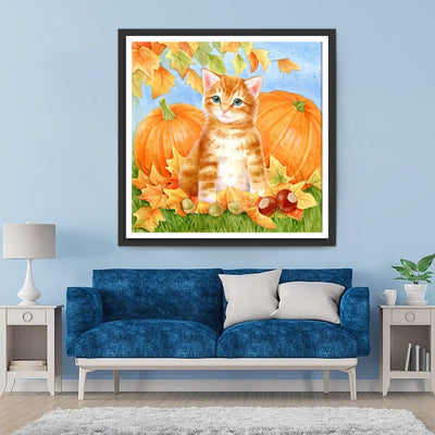 Chat Orange et une Citrouille Broderie Diamant