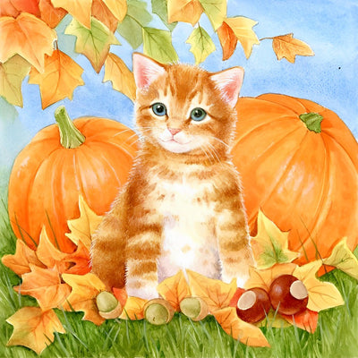 Chat Orange et une Citrouille Broderie Diamant