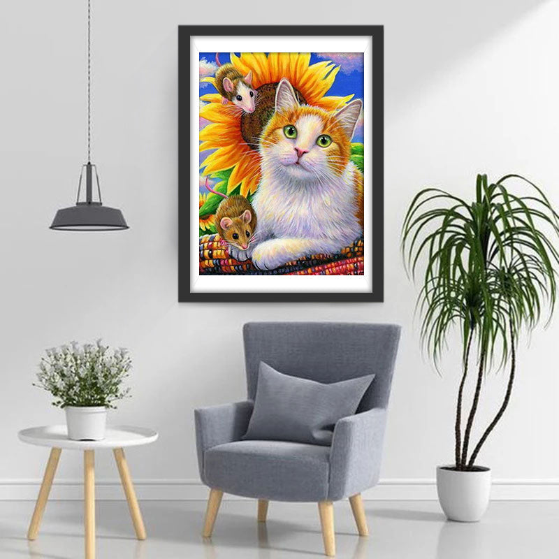 Chat Orange, Tournesols et Souris Broderie Diamant