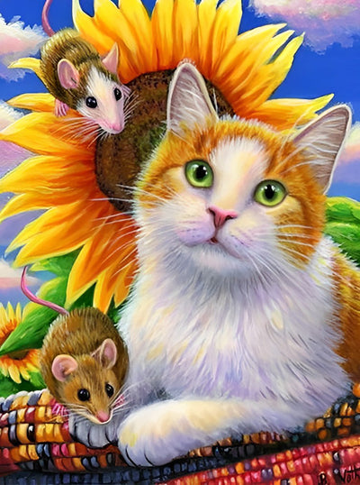 Chat Orange, Tournesols et Souris Broderie Diamant