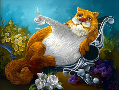 Chat Paresseux Assis sur Chaise Longue Sirotant du Champagne Broderie Diamant