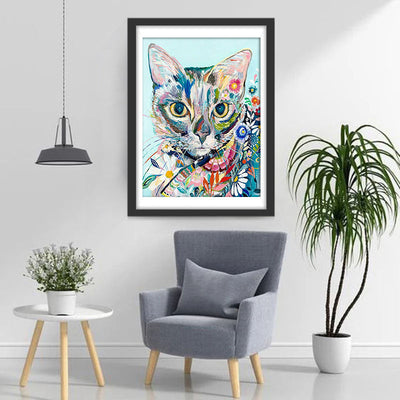 Chat Peint à l'Aquarelle et des Fleurs Broderie Diamant