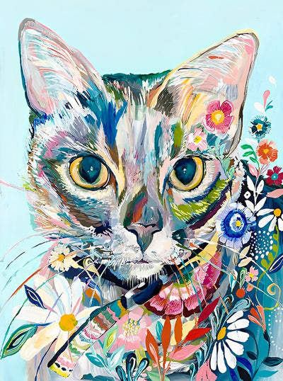 Chat Peint à l'Aquarelle et des Fleurs Broderie Diamant