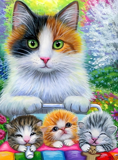 Chat Poussant Poussette Colorée Broderie Diamant