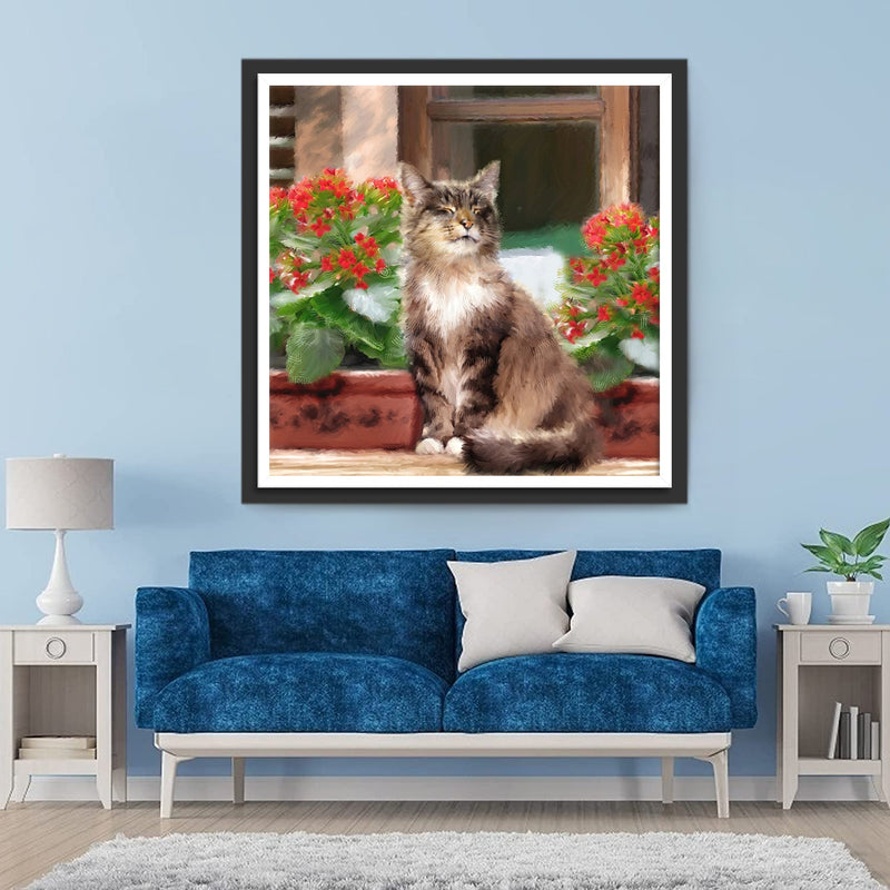 Chat Profitant du Soleil Broderie Diamant