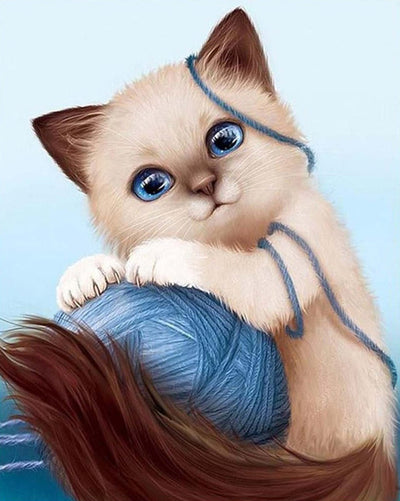Chat Ragdoll avec une Pelote de Laine Bleu Broderie Diamant