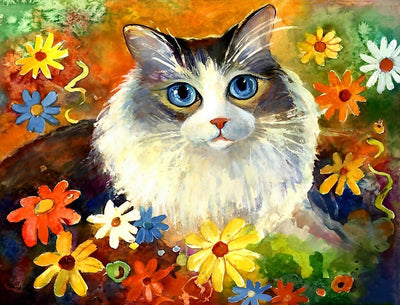 Chat Ragdoll dans les Fleurs Broderie Diamant