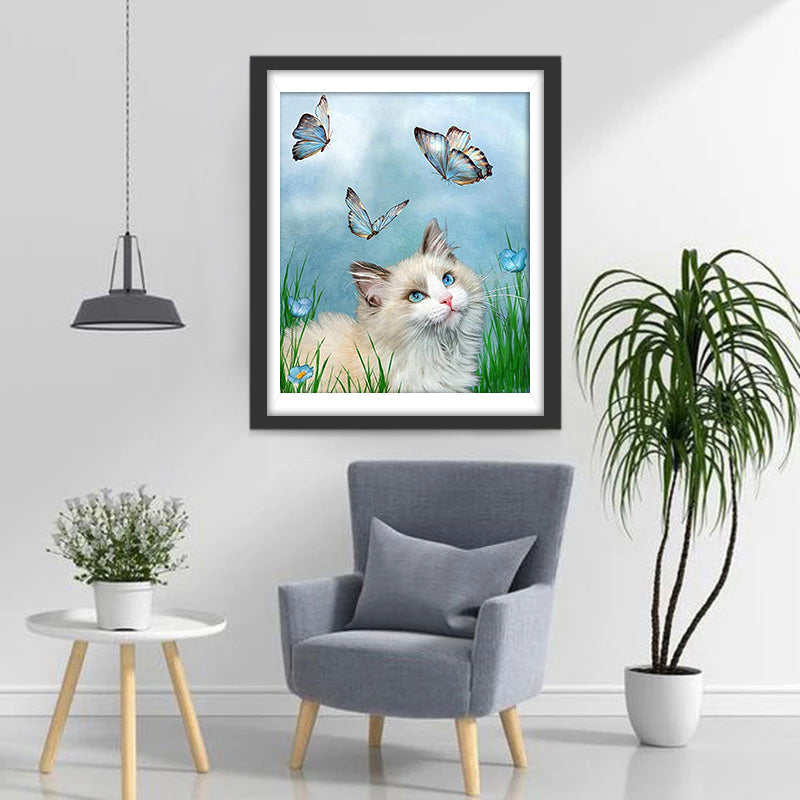 Chat Ragdoll et Papillons Bleus Broderie Diamant