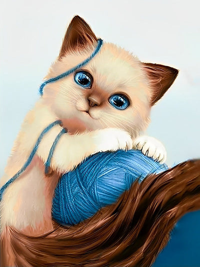 Chat Ragdoll Jouant avec une Pelote de Laine Broderie Diamant