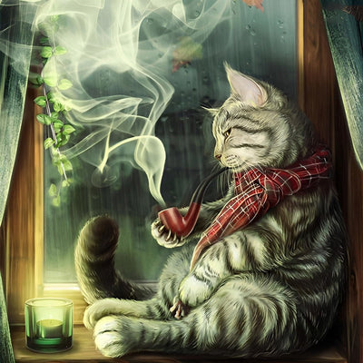 Chat Rayé avec Une Pipe Broderie Diamant