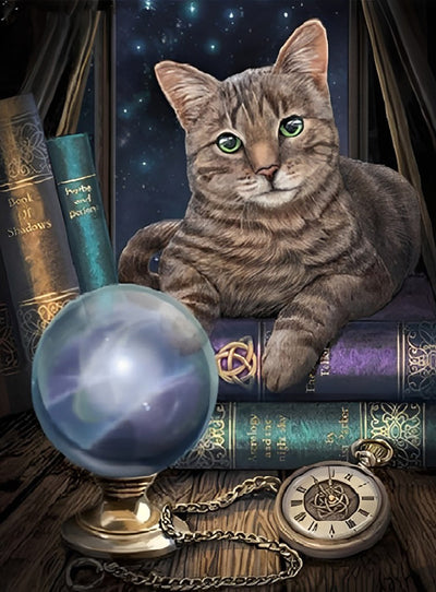 Chat Rayé et Boule de Cristal Broderie Diamant
