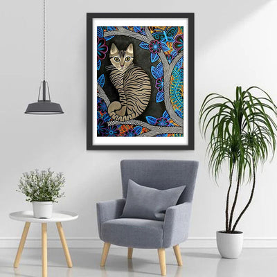 Chat Rayé Gris Sur la Branche Broderie Diamant