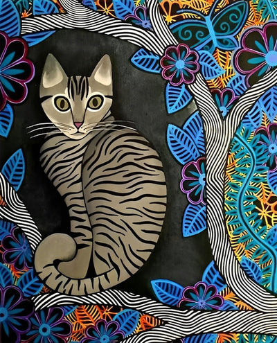 Chat Rayé Gris Sur la Branche Broderie Diamant