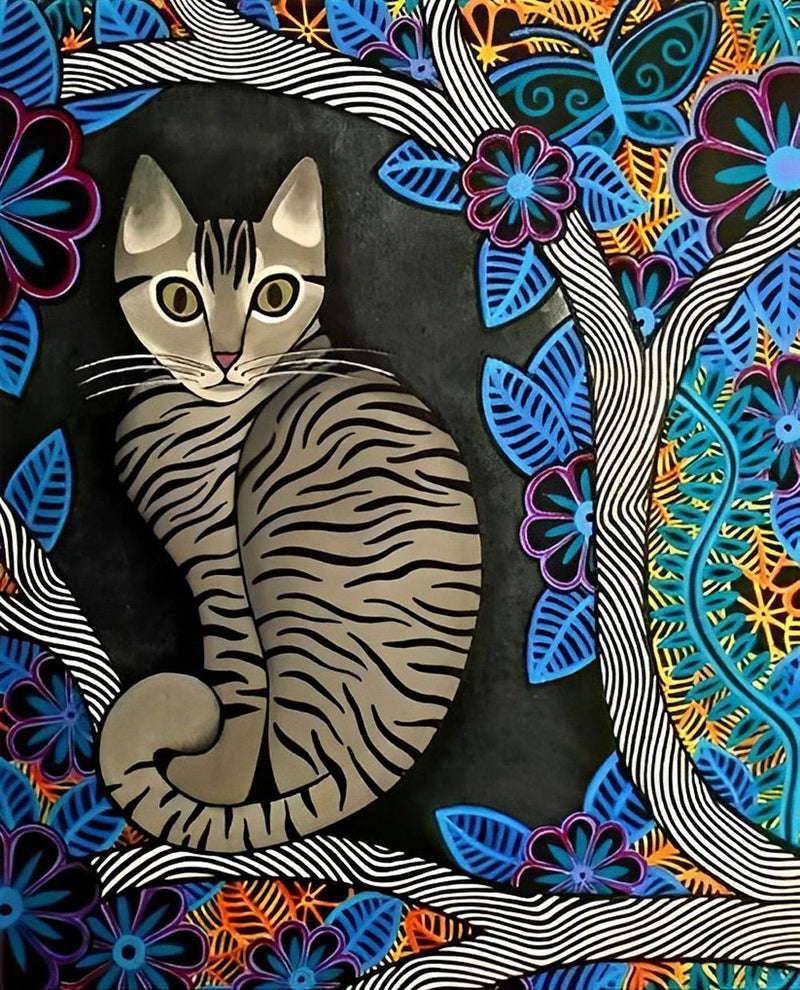 Chat Rayé Gris Sur la Branche Broderie Diamant