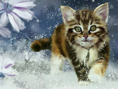 Chat Rayé Marchant dans la Neige Broderie Diamant