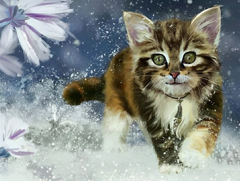 Chat Rayé Marchant dans la Neige Broderie Diamant