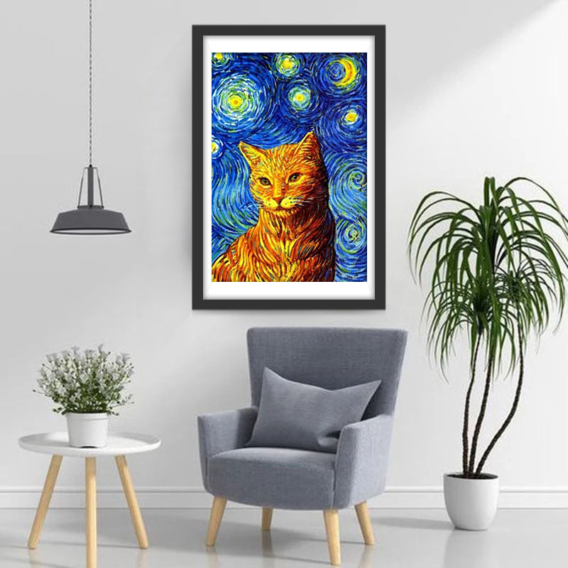 Chat Roux dans la Nuit Etoilée Broderie Diamant