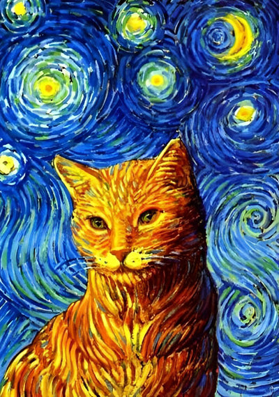 Chat Roux dans la Nuit Etoilée Broderie Diamant