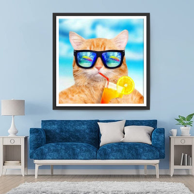 Chat Roux en Vacances Portant des Lunettes de Soleil Broderie Diamant