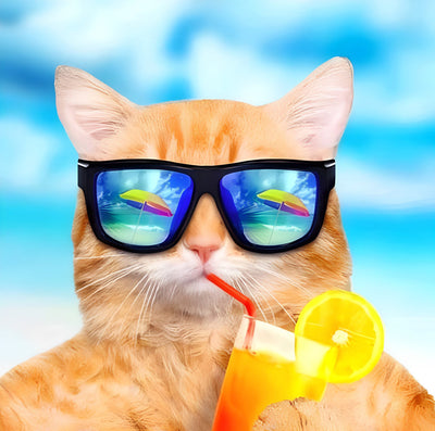 Chat Roux en Vacances Portant des Lunettes de Soleil Broderie Diamant