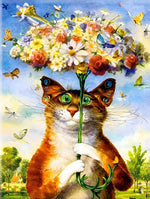 Chat Roux Portant un Parapluie des Fleurs Broderie Diamant