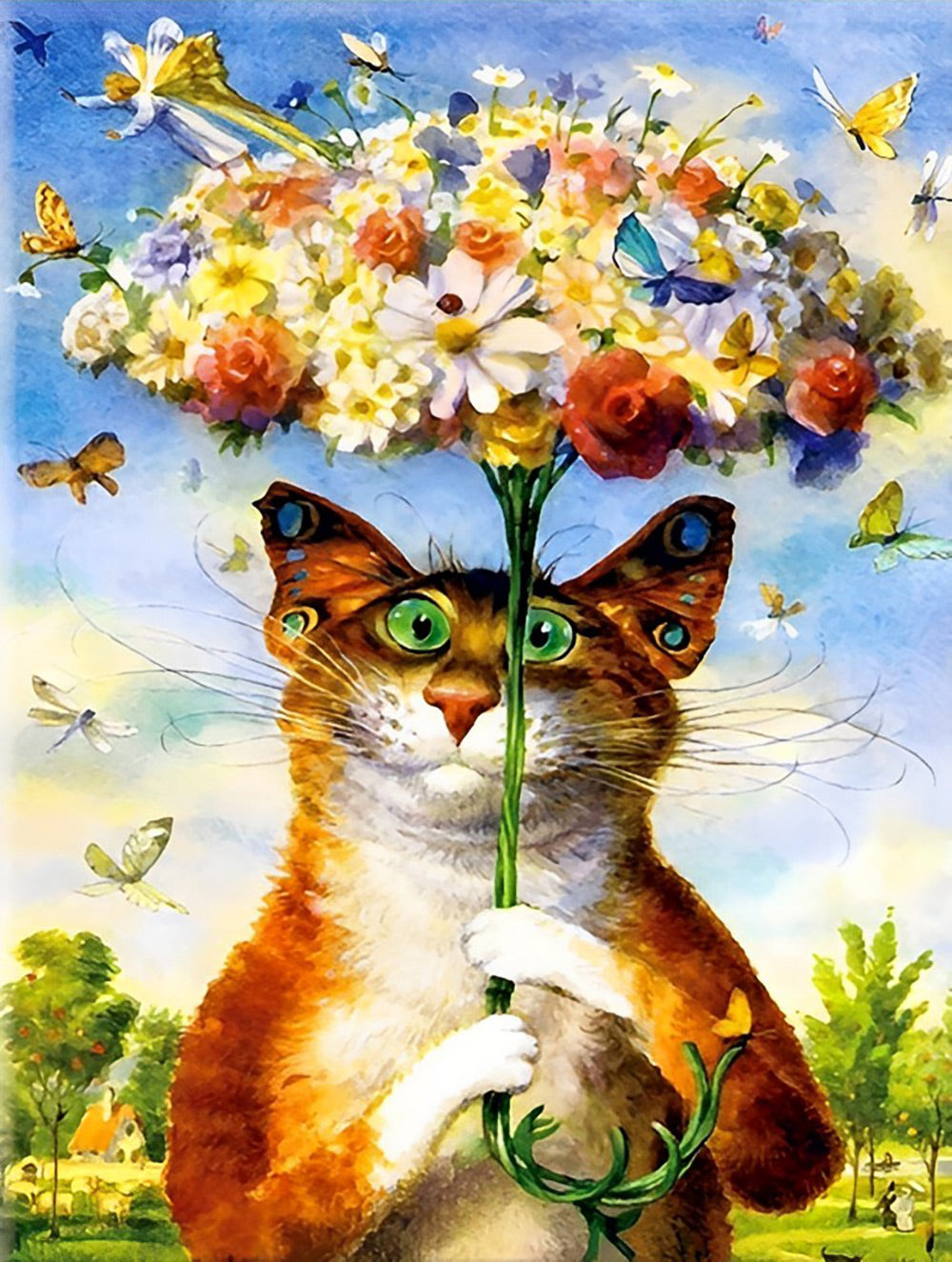 Chat Roux Portant un Parapluie des Fleurs Broderie Diamant