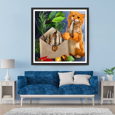 Chat Roux Volant du Poisson pour Manger Broderie Diamant
