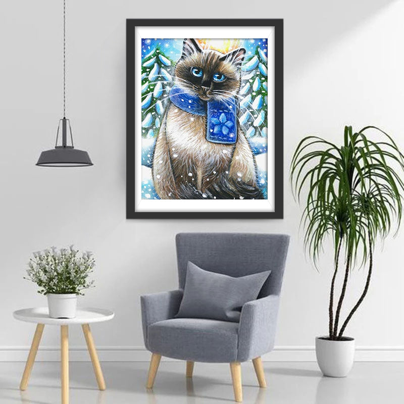 Chat Siamois avec une Écharpe Bleue Broderie Diamant