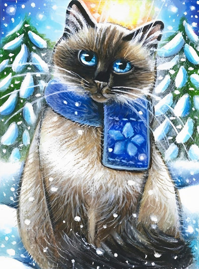 Chat Siamois avec une Écharpe Bleue Broderie Diamant