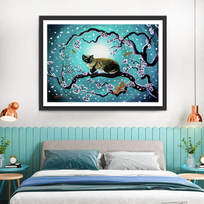 Chat Siamois et Cerisier Bleu Broderie Diamant