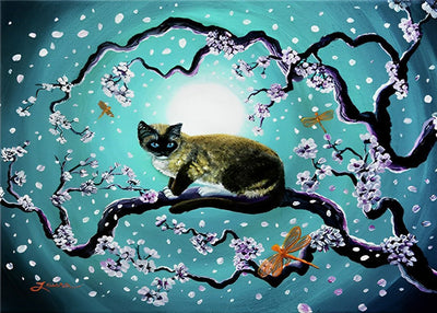 Chat Siamois et Cerisier Bleu Broderie Diamant