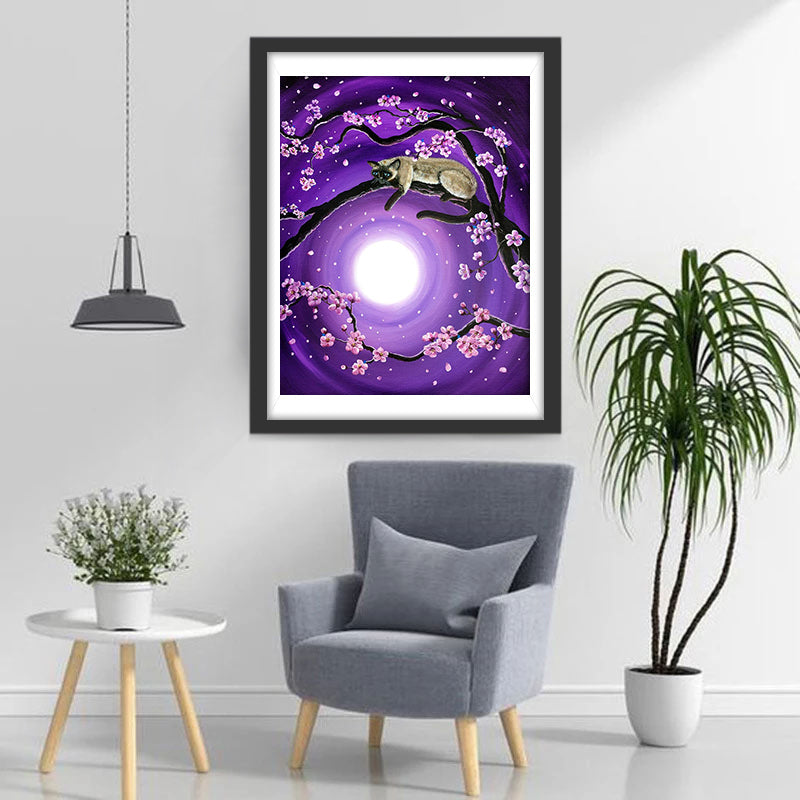 Chat Siamois et des Fleurs Violettes Broderie Diamant