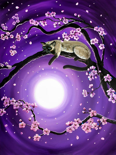 Chat Siamois et des Fleurs Violettes Broderie Diamant