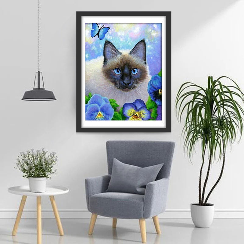 Chat Siamois et Petites Fleurs Bleues Broderie Diamant