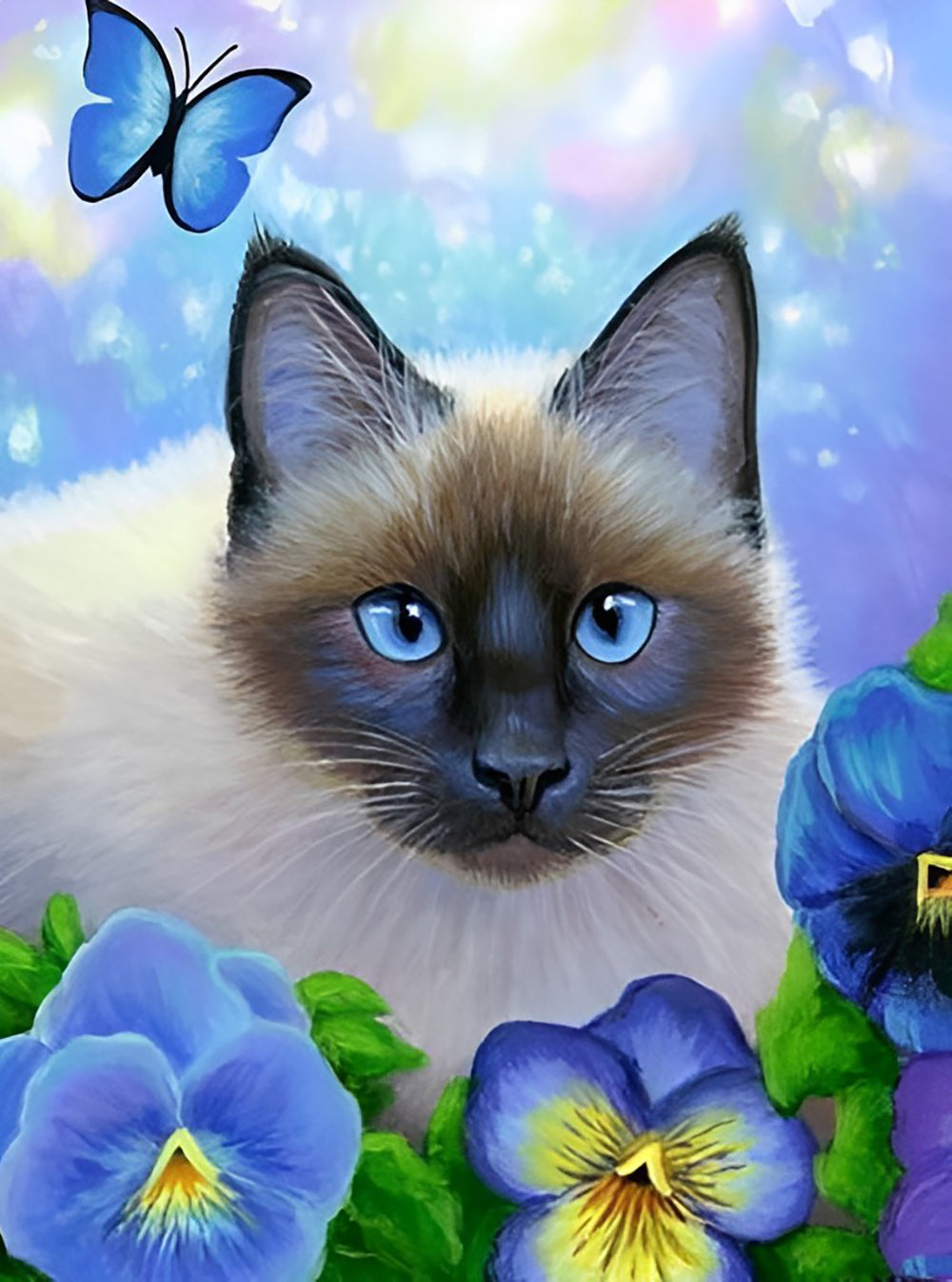 Chat Siamois et Petites Fleurs Bleues Broderie Diamant