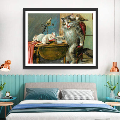 Chat, Souris et Oiseaux Vivant Ensemble Broderie Diamant