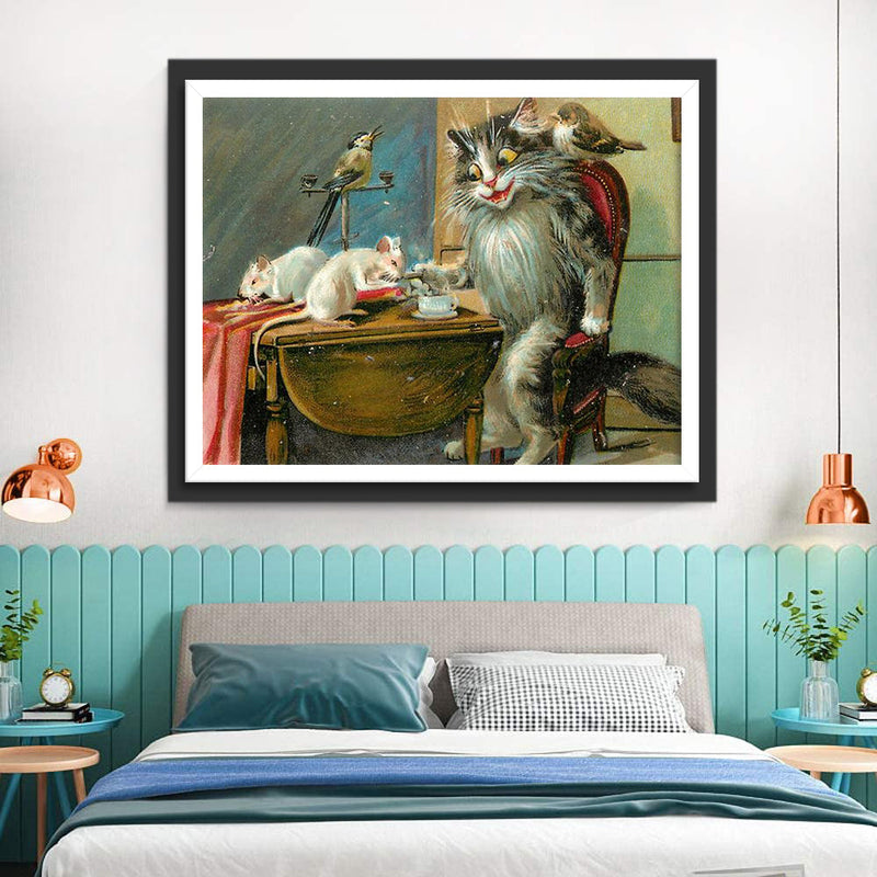 Chat, Souris et Oiseaux Vivant Ensemble Broderie Diamant