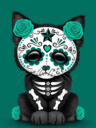 Chat Squelette Vert Broderie Diamant