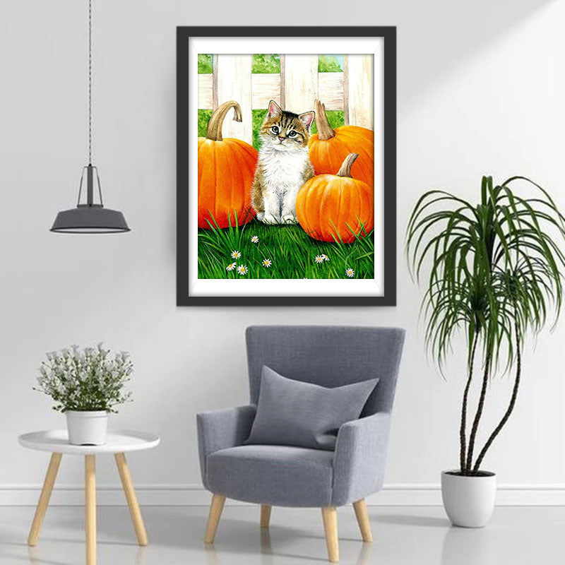 Chat Tabby et les Citrouilles Broderie Diamant