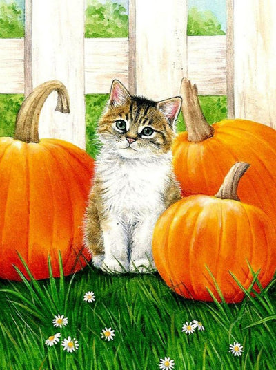 Chat Tabby et les Citrouilles Broderie Diamant