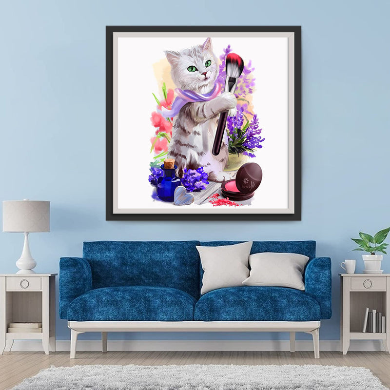 Chat Tenant un Pinceau de Maquillage Broderie Diamant