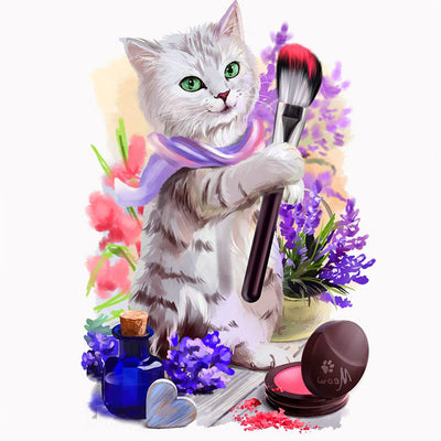 Chat Tenant un Pinceau de Maquillage Broderie Diamant