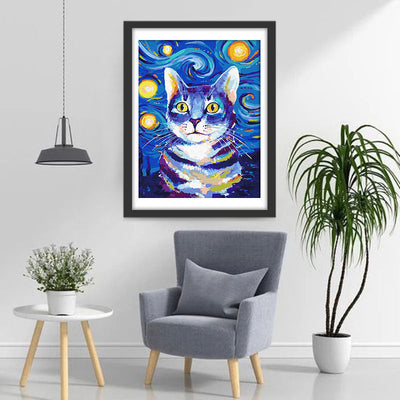 Chat Tigré Bleu dans la Nuit Etoilée Broderie Diamant